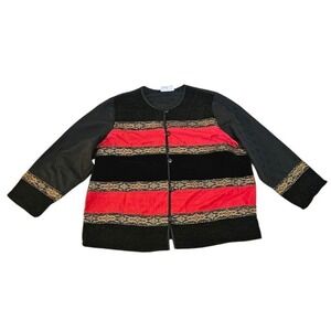 JM Collection VTG Jacket Women 2X Black Red Embellished Striped Button Up Velvet
